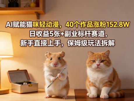 AI赋能猫咪轻动漫，40个作品涨粉152.8W，日收益5张+副业标杆赛道，新手直接上手，保姆级玩法拆解-亮剑学堂